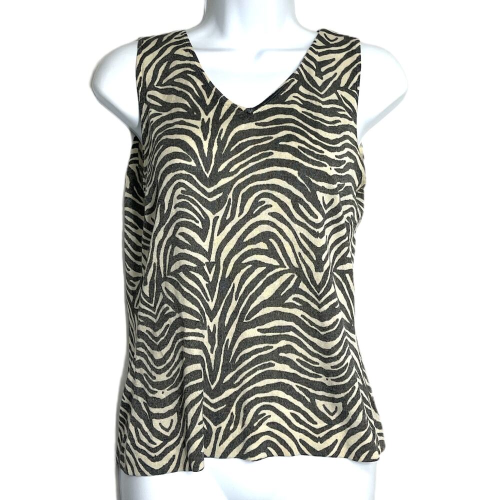 Y2K ALFANI Blouse Size S Gray Silk VNeck Sleeveless All Over Zebra Print Retro